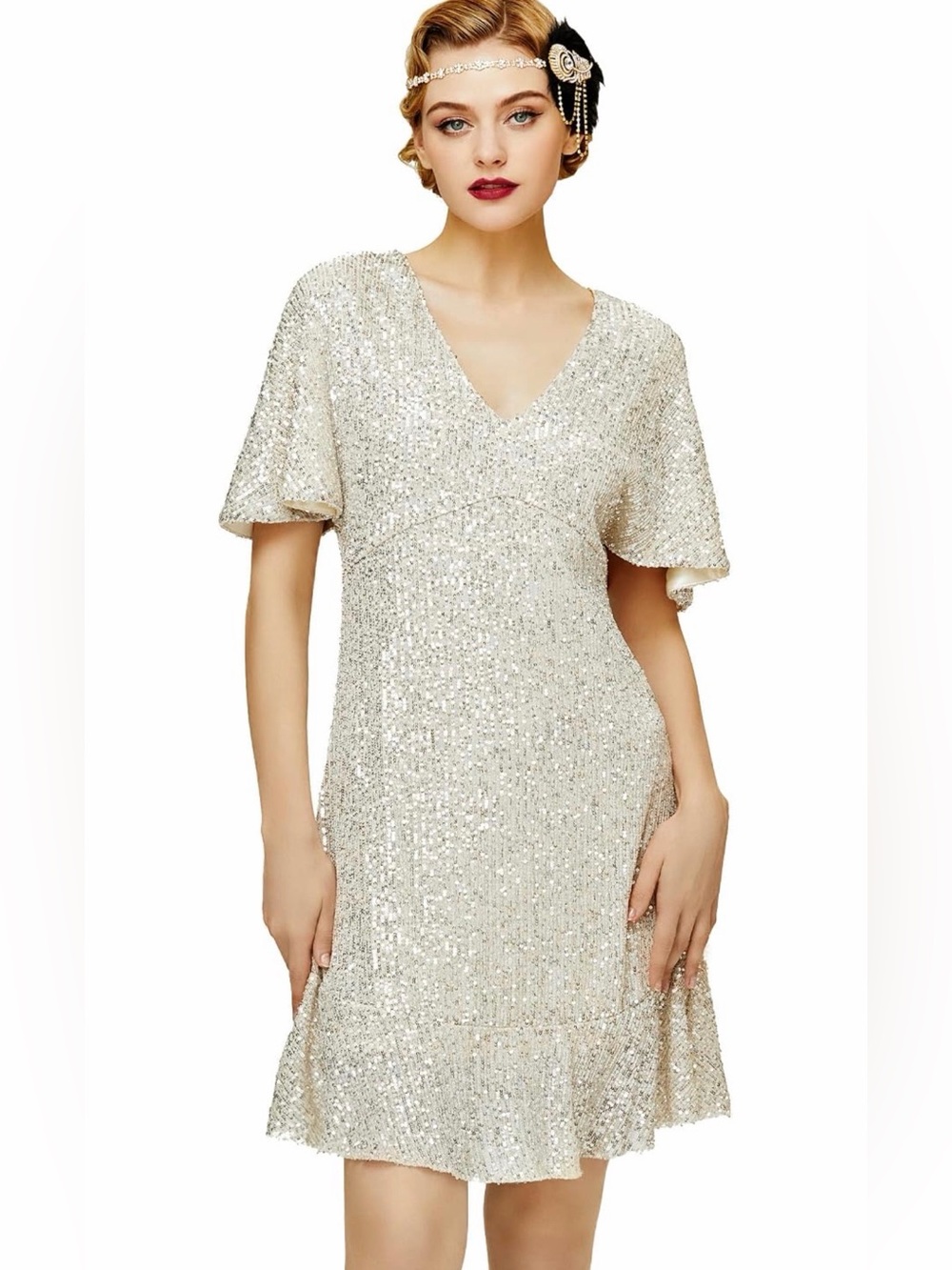 Sequin V-Neck Short Sleeve Dress in Champagne